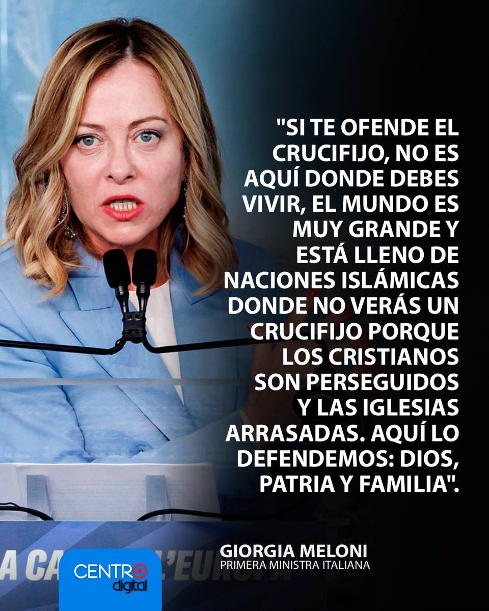 radiocentroec's tweet photo. #ATENCION | Giorgia Meloni afirmó que “si te ofende el crucifijo, no es aquí donde debes vivir” al reafirmar la defensa de los valores tradicionales y la identidad cultural en Italia.

Los detalles ➡️ https://t.co/C36jtqFpgy https://t.co/uxPAqgOM2h