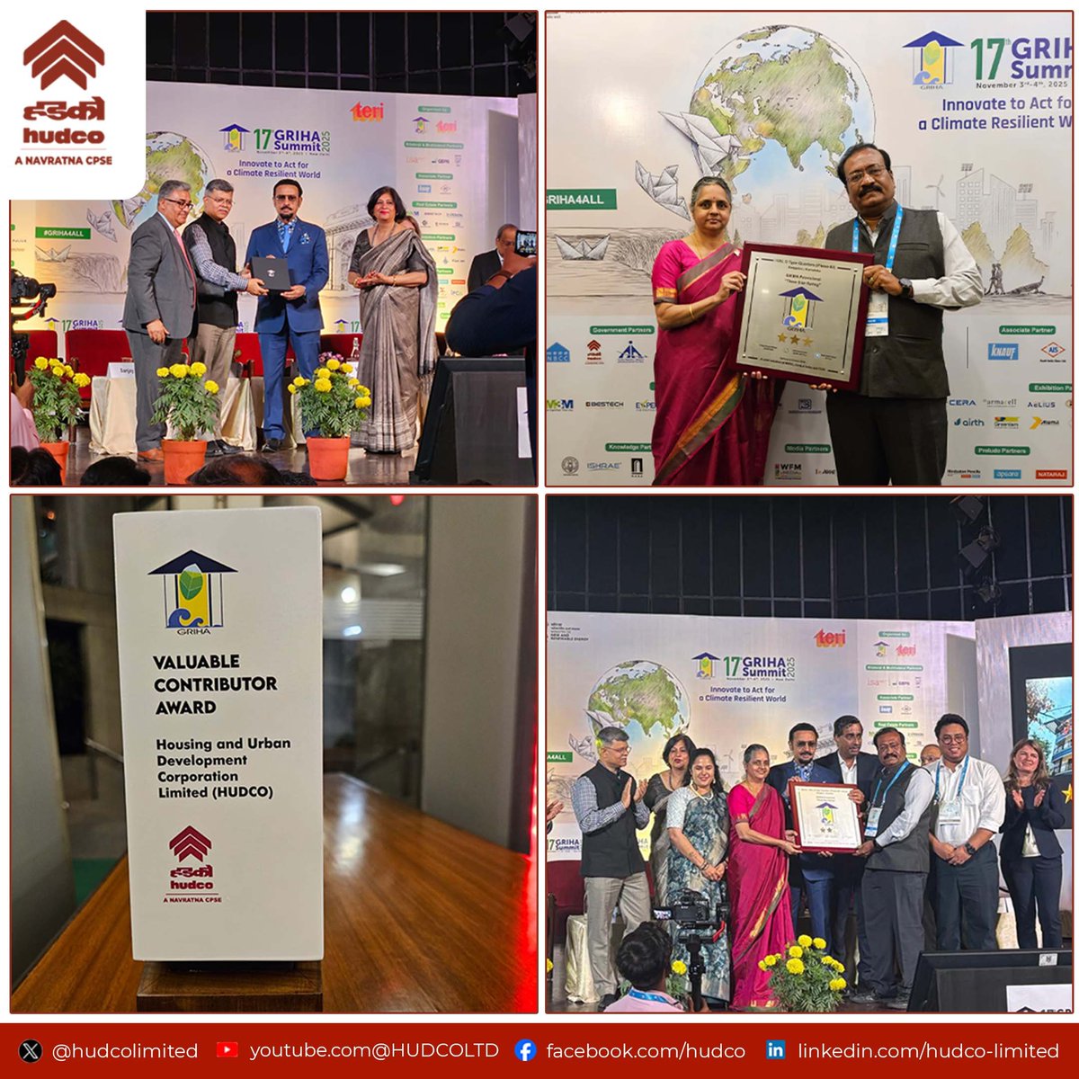 Team #HUDCO is proud to receive the #GRIHA rating certificate for it’s HAL consultancy project and the valuable contributor award, during the 17th GRIHA Summit 2025— ‘Innovate to Act for a Climate Resilient World’. 

Reaffirming our commitment to sustainable and green building