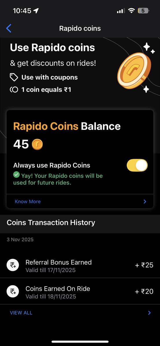 DuhItsDD's tweet photo. Hey @rapidobikeapp, I received three different notifications at different times — one for 25 points, one for 50 coins, and another for 25 points. So, I should have 100 coins in total, but my wallet only shows 45 coins. Please check this issue. https://t.co/OfVbgYax0K