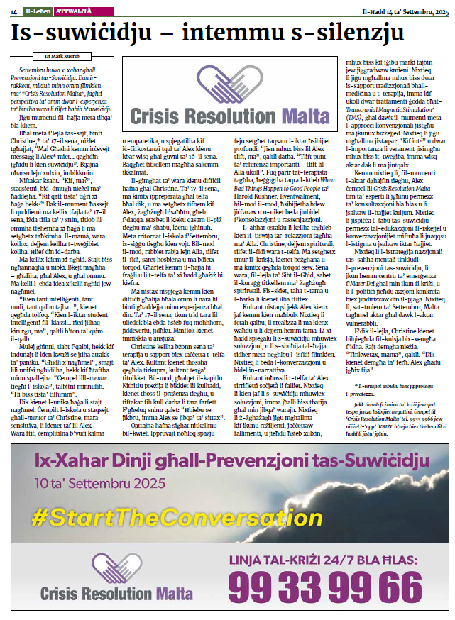 TMSMalta's tweet photo. Is-suwiċidju – intemmu s-silenzju 
- Dr Mark Xuereb

#crisisresolution #mentalhealth #tms #awarenessmatters #suicideprevention https://t.co/5h1rPLCyM3