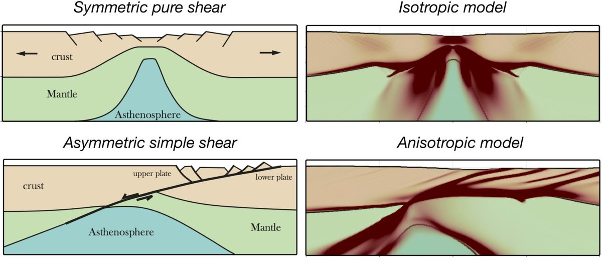 GSAPublications's tweet photo. What controls rifted margin symmetry?
New geodynamic models reveal that mechanical anisotropy alone can drive the transition from symmetric to asymmetric rifting—without needing changes in rheology.
By simulating inherited fabric using a transversely isotropic visco-plastic rheology, we show that even moderate anisotropy can lead to strikingly different rift styles within the same rift system.
A fresh mechanism for understanding conjugate margin formation and along-strike rift variability.
Read the full #Geology study: https://t.co/QLV6XRxSrW 
#Geodynamics #Rifting #Lithosphere #Tectonics #Geoscience #GSAPubs
