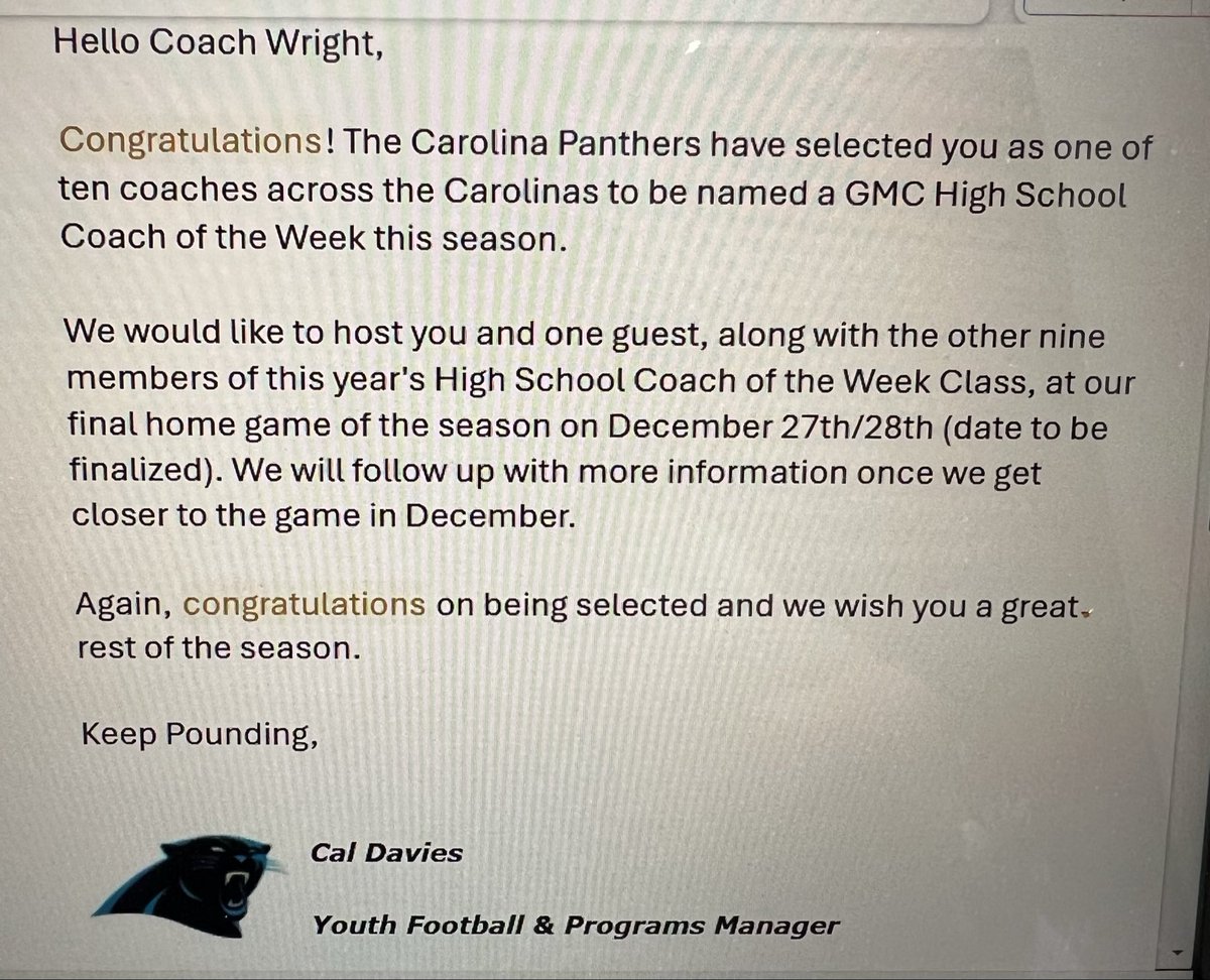 DrStevenWright's tweet image. Humbled and honored @Panthers to be selected as 1 of 10 coaches this season in NC and SC as a @GMC High School Coach of the week. None of it would happen without our incredible players and staff. #WeNotMe