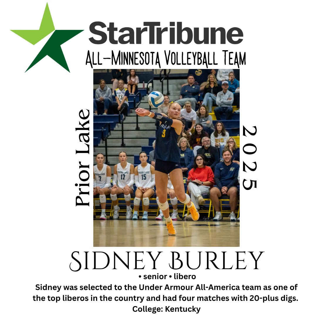 lakervb's tweet photo. Congratulations to senior libero, Sidney Burley, on her recognition as one of the top 25 players in Minnesota and being selected for the “2025 Star Tribune All-Minnesota Volleyball Team”. 

Congratulations, Sidney! We are LAKER proud.💙💛
@Sidney
@StarTribune https://t.co/Na5DMNVTr1