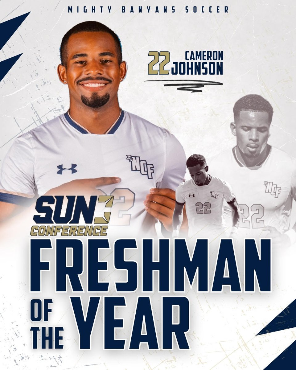 -14 goals
-5 Assists 
-2 Offensive Players of The Week Awards
-First Team All-Conference 

And now: <a href="/SunConference/">The Sun Conference</a> Freshman of the Year!

Congrats to Cameron Johnson! 

#GoMightyBanyans #SoccerInTheSun <a href="/NCFBanyansmsoc/">NCF Men’s Soccer</a>