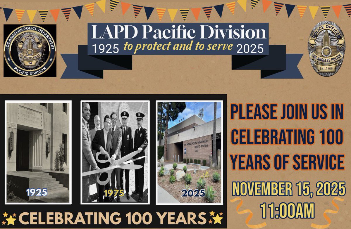 We’re turning 100! 🎉
Join LAPD Pacific Division in celebrating a century of service! 👮‍♀️🚔
📅 Nov 15, 2025 ⏰ 11 AM
📍12312 Culver Blvd, LA 90066
Honoring our history, officers &amp; community! 💙
#LAPDPacificDivision #100YearsOfService