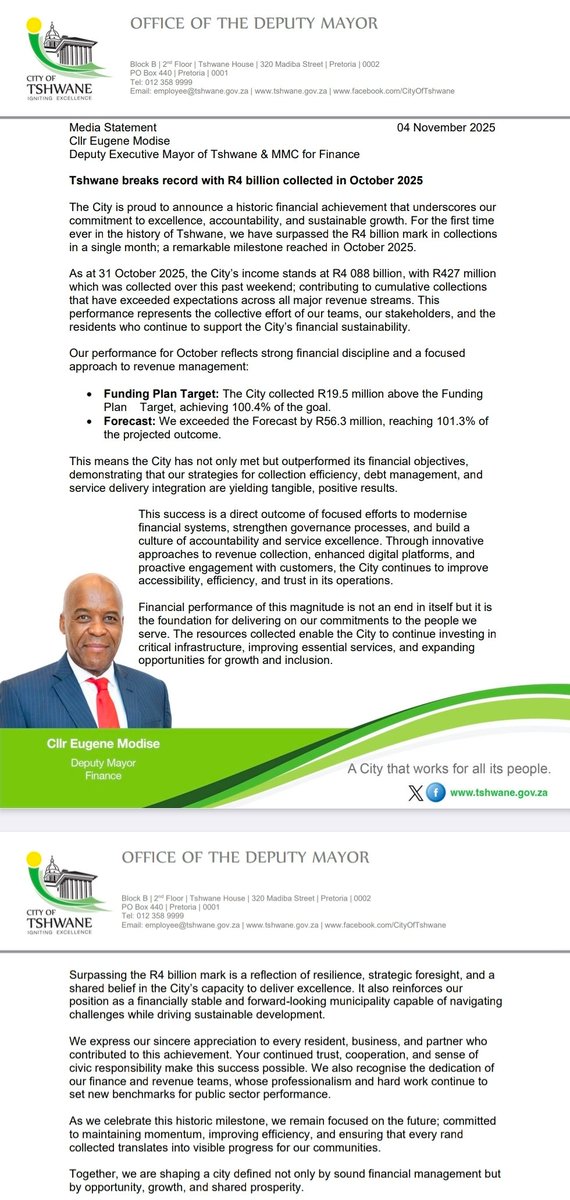 Tshwane breaks record with R4 billion collected in October 2025