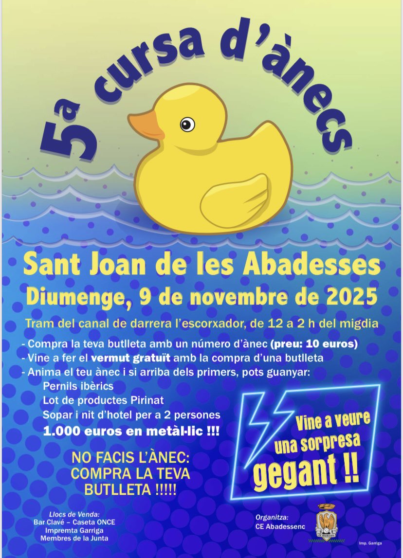CE_Abadessenc's tweet photo. Aquest diumenge, 5a CURSA d,ÀNECS
Compra la teva butlleta, vine a fer el vermut i pots guanyar fins a 1.000 eur
I aquest any, amb una SORPRESA GEGANT !!!!!!!!
No t,ho pots perdre 🦆🦆🦆 https://t.co/SCi4Bcwb8a