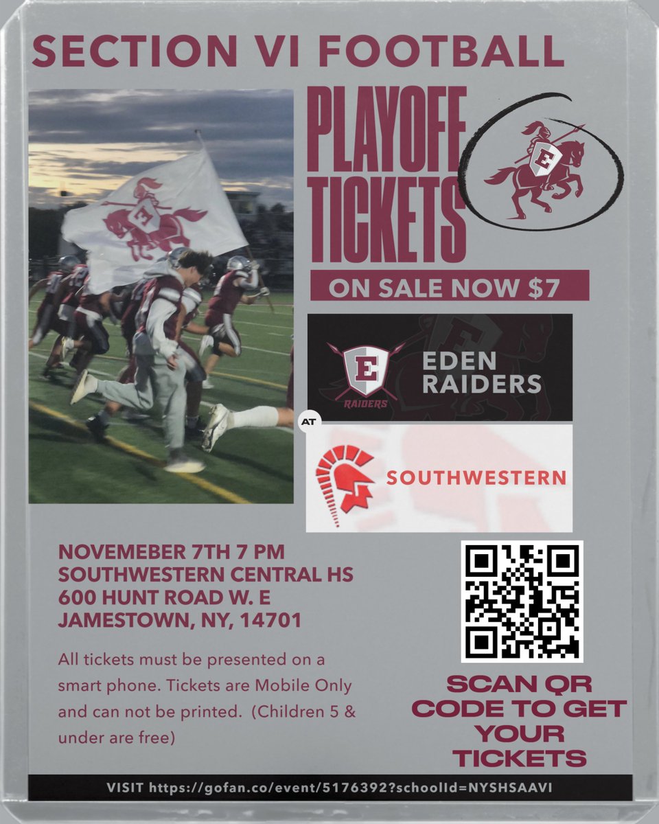 📢<a href="/EdencsdRaiders/">EdenAthletics</a> Fans!  Get your Football Playoffs tickets now for Friday Night's Game. Purchase online at: gofan.co/app/school/NYS… 📷<a href="/EdenASBC/">Eden ASBC</a> <a href="/EdenCSD/">Eden Central Schools</a>