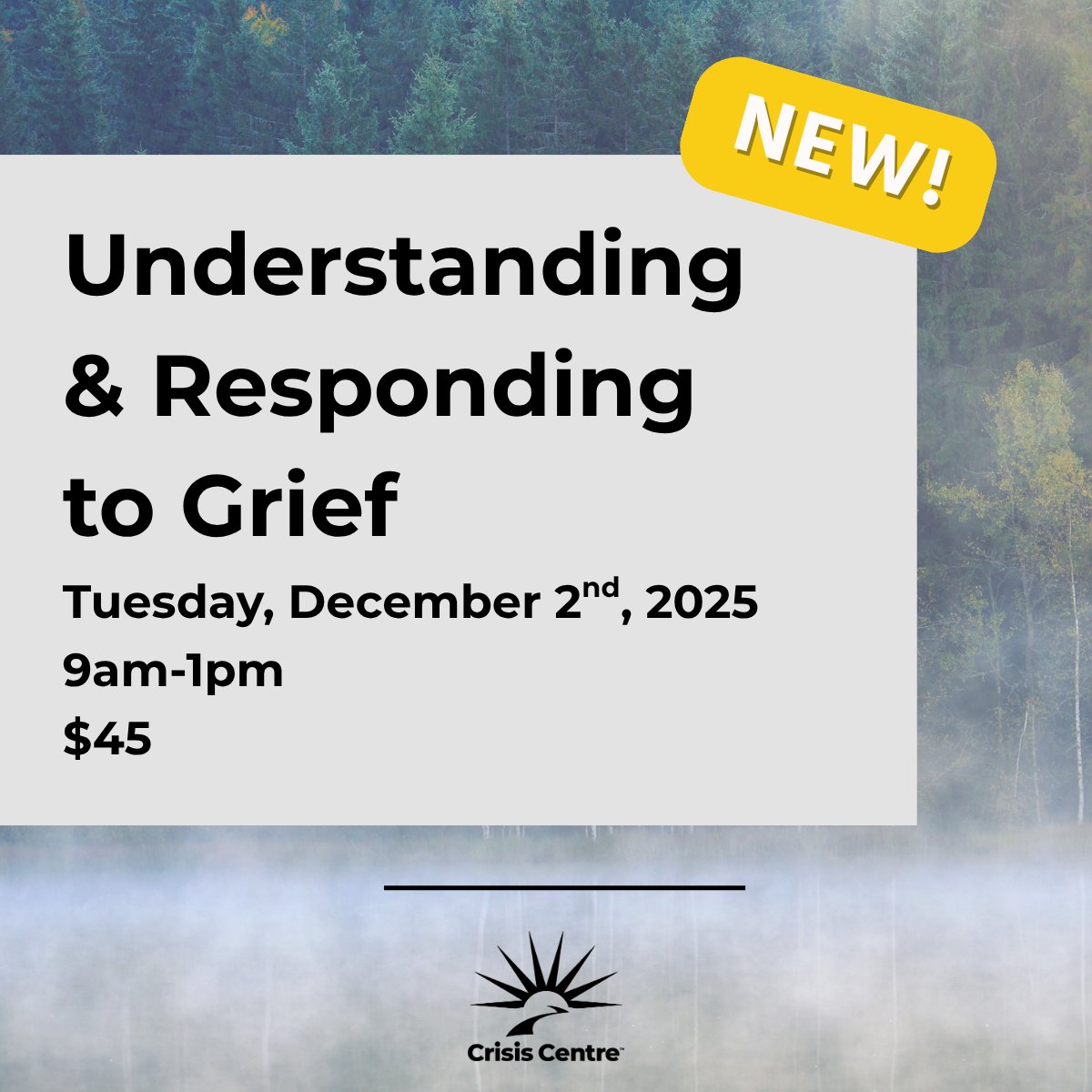 On December 2nd, join us for a new, 4 hour training that will help you understand what grief is, how we experience it and how to support someone who is grieving. Register here: crisiscentre.bc.ca/training/under…
