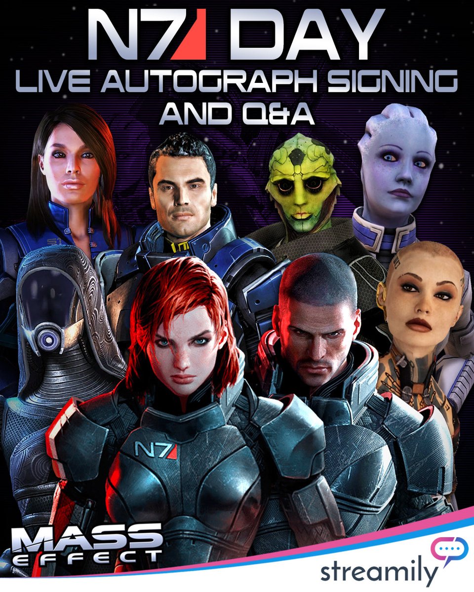 Hey, <a href="/masseffect/">Mass Effect</a> fans! The cast is doing an #N7Day livestream! This Fri Nov 7 at 5pm EST on the <a href="/StreamilyLive/">Streamily</a> YouTube channel, we'll be live and chatting with you! Click the link below to grab a customized SIGNED print by each of us…

streamily.com/n7day

#MassEffect