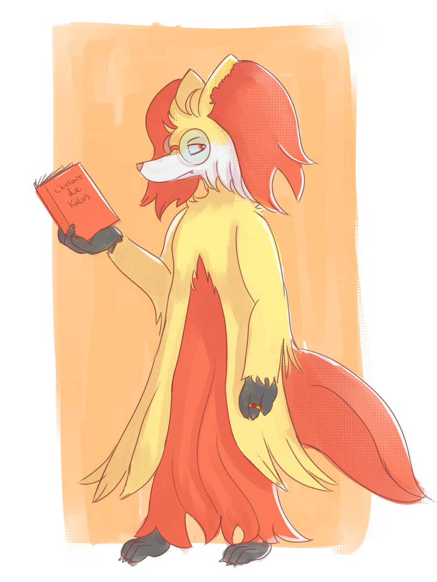 ...introducing Phoebe, a Delphox who was raised by a historian and  developed an interest in Kalosan folk tales and forgotten languages.
 
Her mission is to research Kalos’ ancient tribes that spawned from the Delphox line to find her wild parents’ whereabouts.