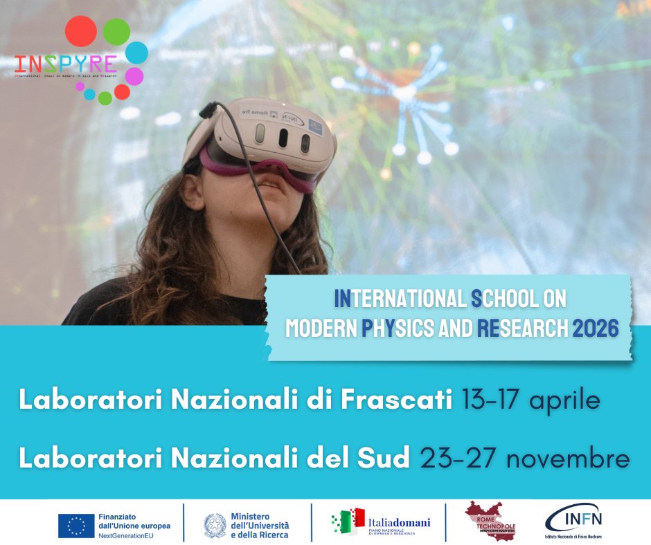 🌟 Big news from Italy! 🌟 INSPYRE 2026 returns with two editions: Frascati (Apr 13–17) &amp; Sud (Nov). High school students 16+ can apply for lectures, experiments &amp; activities with #INFN researchers. Frascati apps: Nov 1–30, 2025

🌟 comedu.lnf.infn.it/inspyre-2026/

#IPPOG #INSPYRE2026