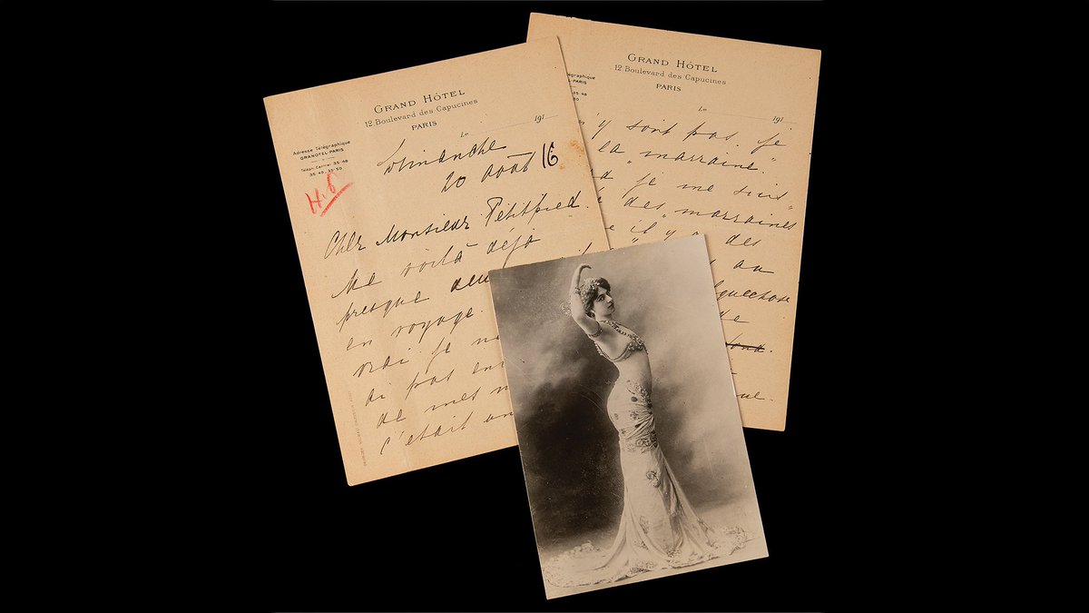 Executed for espionage in 1917, Mata Hari still knew how to command a room—and a pen. 

This 1916 handwritten letter from the infamous dancer-spy, written from the Grand Hotel in Paris up for bid <a href="/RRAuction/">RR Auction</a>.  

🔗shorturl.at/PjjkO

#RRAuction #History #WWI #Espionage