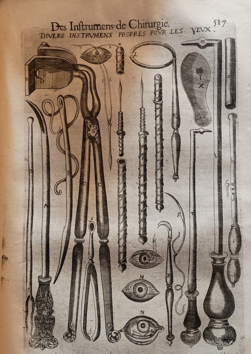 MarshsLibrary's tweet image. Not for the faint-hearted! Surgical instruments for use on the eyes, from &apos;Les Oeuvres de chirurgie de Jacques Guillemeau&apos; printed in 1694.