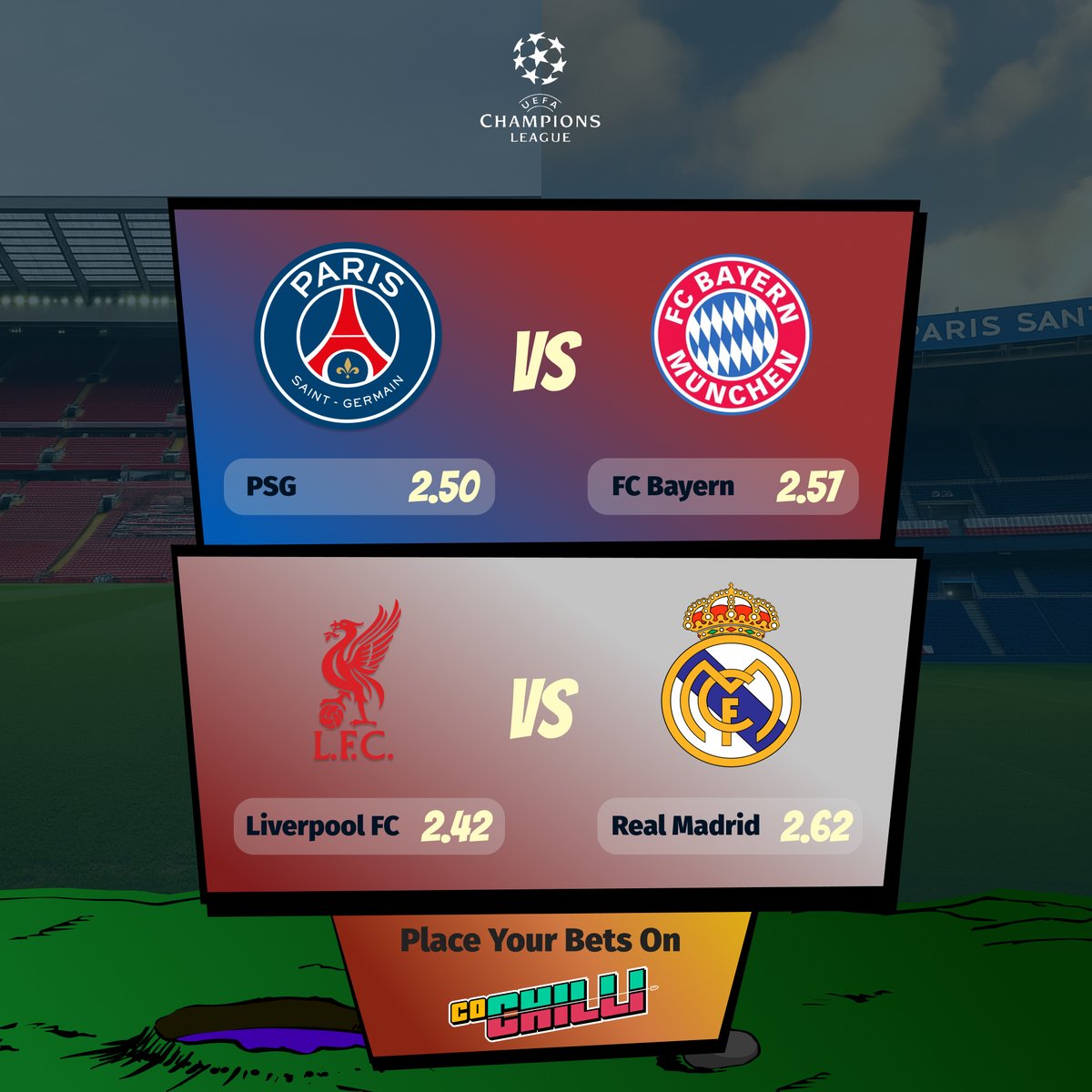 #UCL double thriller tonight!🔥⚽️

PSG - Bayern Munich
Liverpool - Real Madrid

In Paris, PSG host Bayern in a battle of attacking firepower. No Mbappé, no problem? They already sorted it out - UCL trophy in a gablotte. Bayern’s side, meanwhile, look ruthless - 18 straight wins