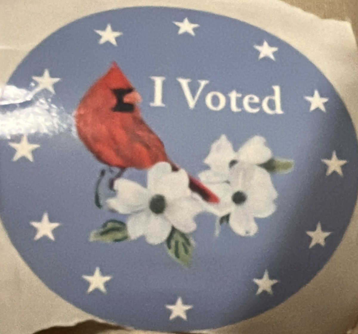 YeahRightPlease's tweet image. Got my Virginia voting sticker this morning after voting for Spanberger and blue down the line. VA state bird is the Cardinal and Flower is Dogwood.