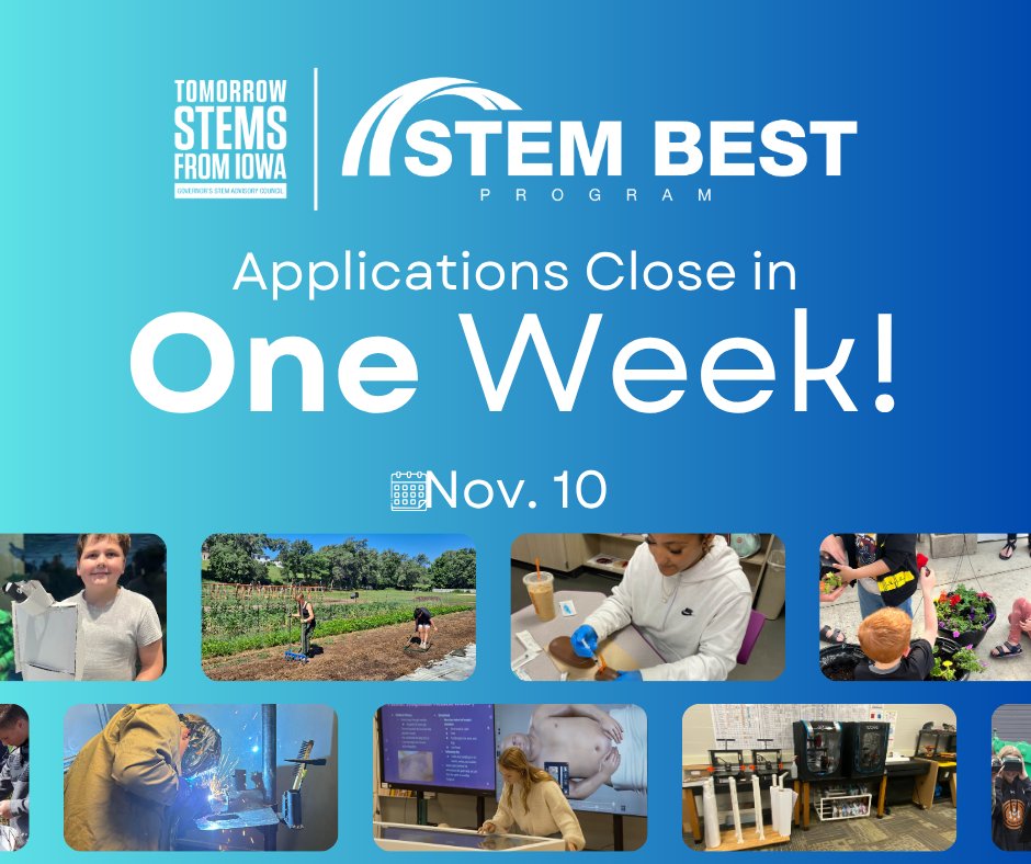 Time is winding down to apply for the STEM BEST! Get your application started in IowaGrants today! Learn more: educate.iowa.gov/STEM/BEST#onew…