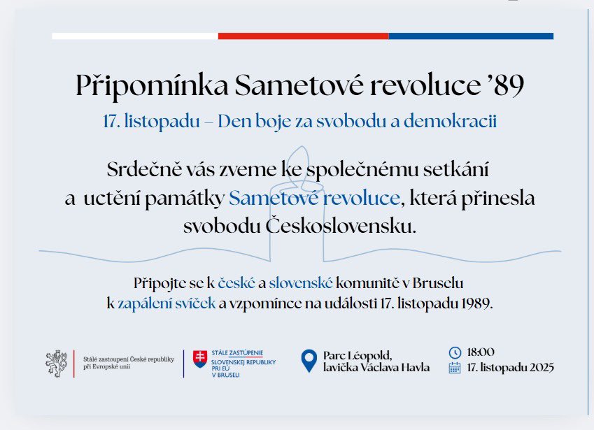 Přijďte s námi 🇨🇿 &amp; <a href="/SLOVAKIAinEU/">Slovakia in the EU</a> 🇸🇰 oslavit Den boje za svobodu a demokracii - 17. listopad v 🇧🇪!

📅. listopadu 2025, 🕕18.00
📍park Leopold, lavička Václava Havla
👉 s sebou přátele &amp;🕯️
#díkyžemůžem