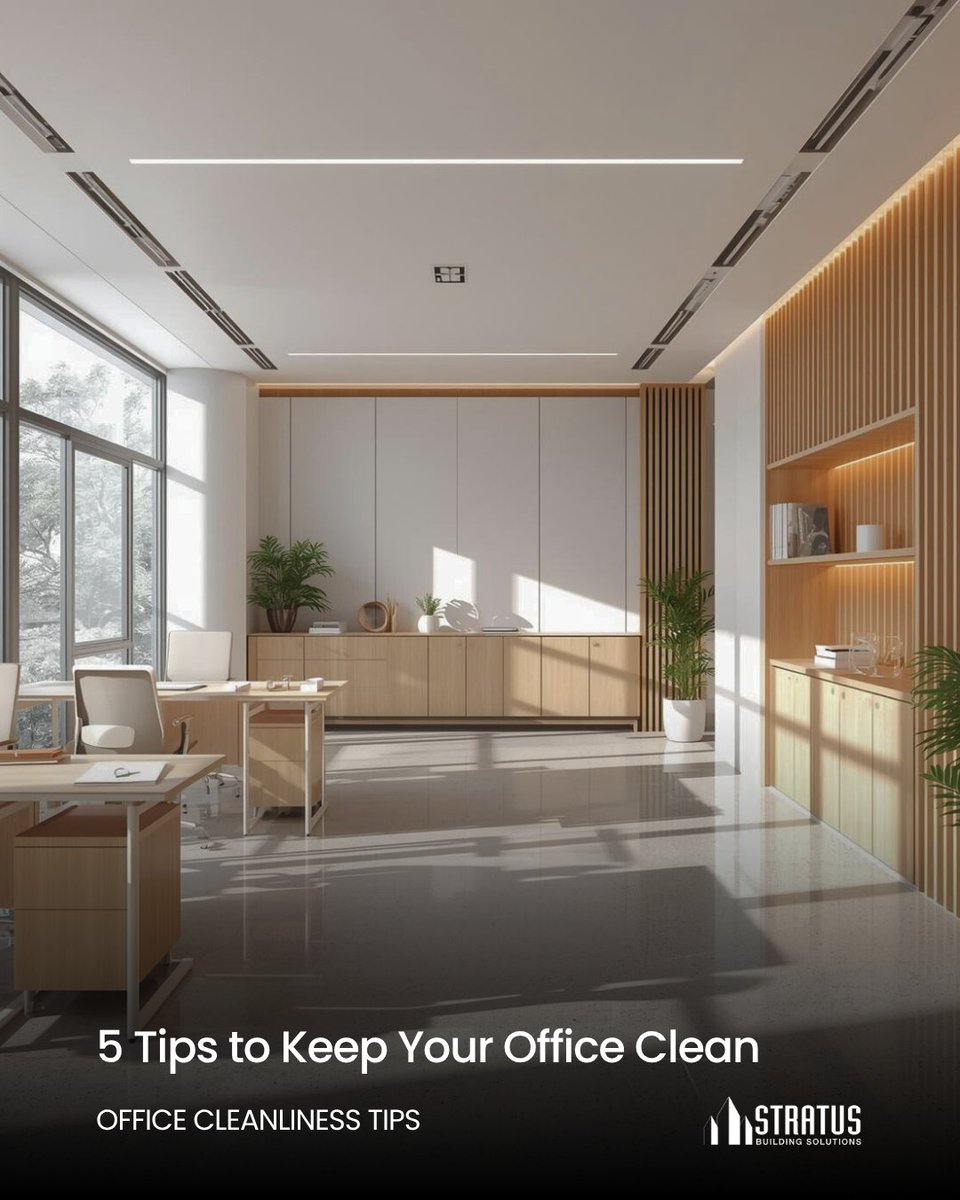 5 Tips to Keep Your Office Clean: Sanitize high-touch surfaces daily, Declutter desks, Wipe down shared appliances, Encourage hand hygiene, Schedule professional cleaning 🧹 hubs.la/Q03NKLPx0