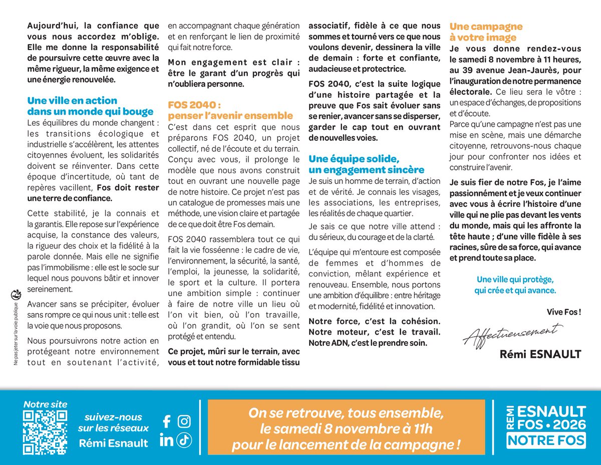 📨 Vous l’avez reçue la semaine dernière dans vos boîtes aux lettres. Je l’ai voulue simple, sincère, directe.

📅 Rendez-vous samedi 8 novembre à 11h, 39 av. Jean-Jaurès, pour l’inauguration de notre local de campagne