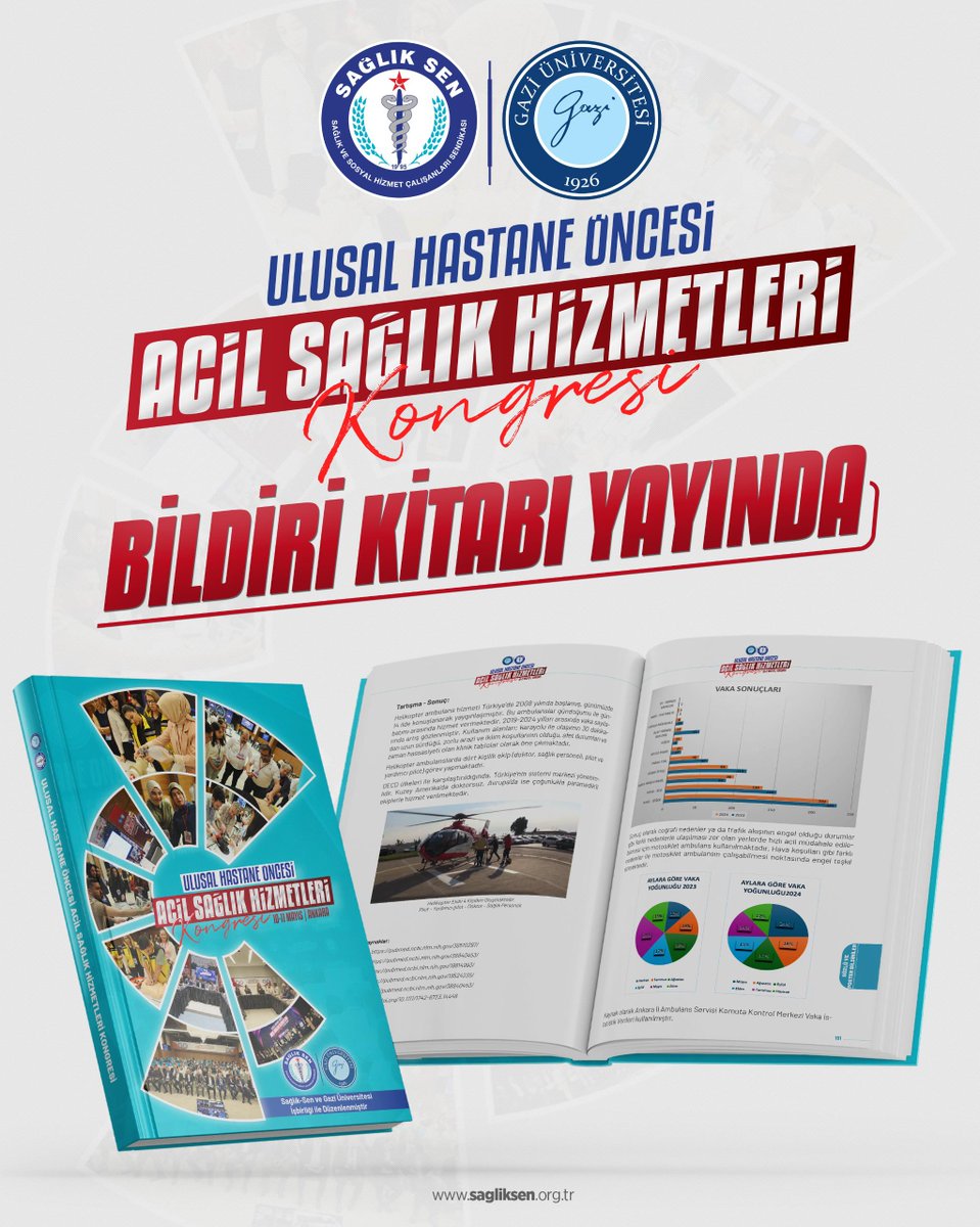SSMahmutFaruk's tweet photo. Sağlık-Sen olarak, Gazi Üniversitesi iş birliğiyle düzenlediğimiz Ulusal Hastane Öncesi Acil Sağlık Hizmetleri Kongresi’nin Bildiri Kitabı yayımlandı.

10-11 Mayıs tarihlerinde Genel Merkezimizde gerçekleştirdiğimiz kongreyle; hekim, hemşire, paramedik ve ATT’lerimizin mesleki gelişimine katkı sunarken, bilimsel sendikacılığın da öncüsü olduk.

Emeği geçen tüm akademisyenlerimize, sağlık profesyonellerimize, çalışma arkadaşlarıma ve Gazi Üniversitesi’ne bir kez daha teşekkür ediyorum.

https://t.co/EWxAkcOyOk