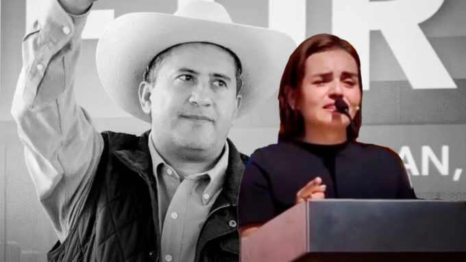 Split image with left side showing a man wearing a white cowboy hat, light blue shirt, and dark vest, raising his right arm in a gesture, smiling outdoors. Right side depicts a woman in a dark top speaking at a podium with microphone, hand raised, against a blurred background with text possibly indicating a name or event.