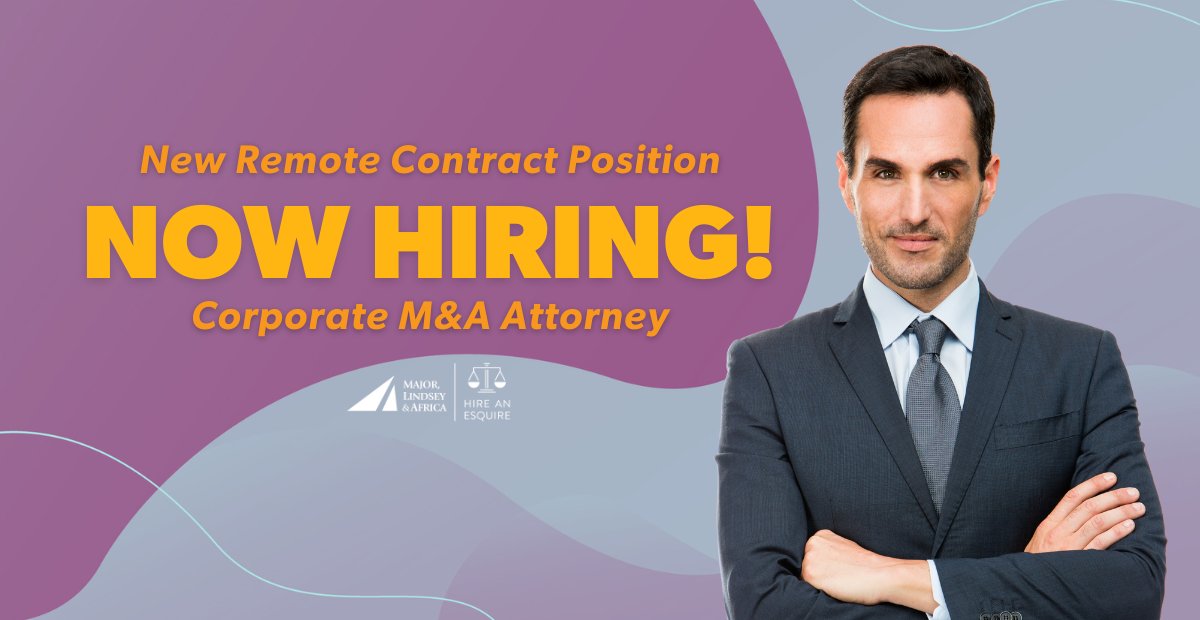 Now Hiring! Our client is looking for a contract based Corporate Attorney with Private M&amp;A expertise.

▶️Remote
▶️Part-Time (16-34 hours/wk)
▶️Job Duration: approx. 3-6 months
▶️3-5 years of experience

See more details &amp; Apply now!: bit.ly/3JDPxdl
#HireanEsquire