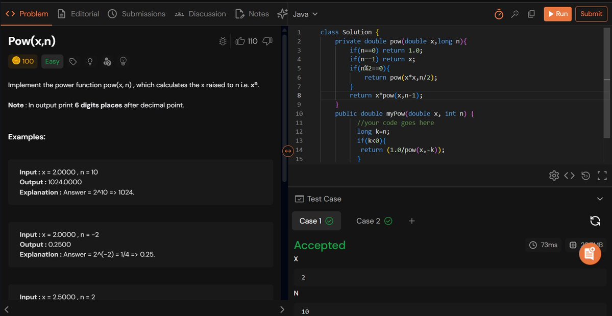rajeshboya89's tweet image. Day 23 – #TUFWinterArc❄️

Solved Pow(x, n) today ⚡

A classic recursion + divide-and-conquer problem that helps understand fast exponentiation and efficient power calculation

@takeUforward_  @striver_79 
#TakeUForward #TUF #TUFWinterArc #DSA #Recursion #DivideAndConquer #PowXN