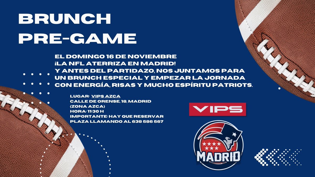 ¿YA HAS RESERVADO SITIO?

El ambiente #nfl ya se respira en las calles de Madrid. 
Aunque el partido no sea el más sexy, lo realmente especial del 16 de noviembre es que un partido oficial de fútbol americano se jugará aquí.

Y qué mejor manera de empezar el día.

👇🏼¡Apúntate!👇🏼