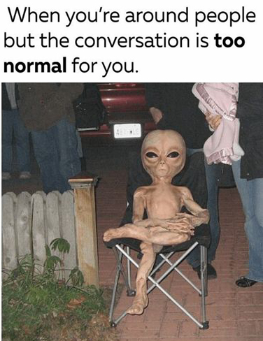 Me hoping the conversation shifts to cryptids.
#alien #cryptids #wallflower #meme