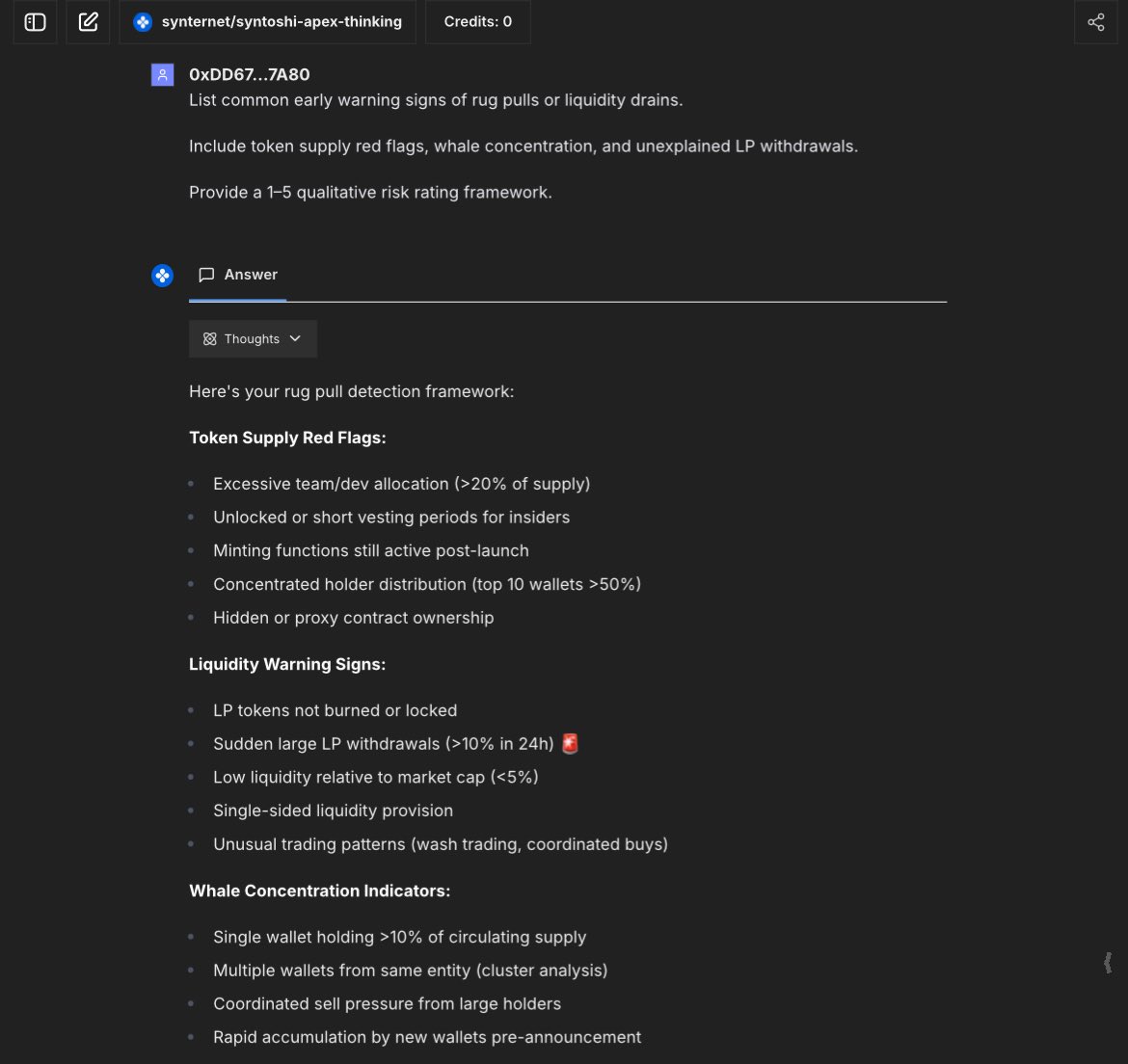 oxckris's tweet image. Most people notice rug pulls after it’s too late, but Synternet’s “Rug Pull Pattern Detector” catches red flags early.

I ran it on @synternet_com  and ngl, this thing is alpha!!!

It literally spots whale dumps, LP drains &amp;amp; sketchy tokenomics before they nuke your bag.

If…