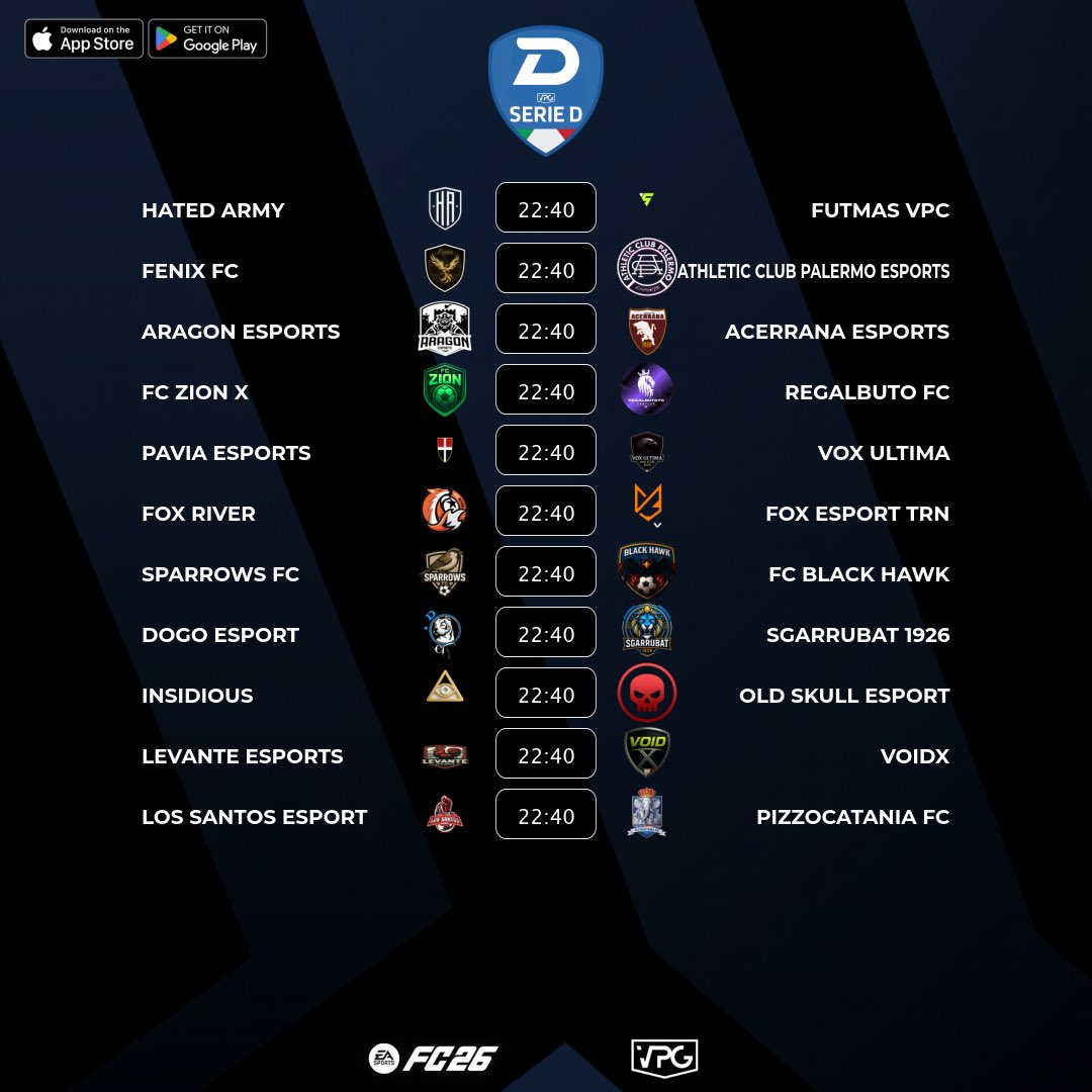 🇮🇹 <a href="/VPGItaly/">Virtual Pro Gaming Italy 🇮🇹</a> Serie D2
⚽️ Match #8
🗓️ 04/11/2025 - 22:40
🖥️ virtualprogaming.com/community/VPG-…

➡️ <a href="/HatedArmy/">HatedArmyProClub</a> 🆚 <a href="/FutmasV/">FUTMAS VPC</a>
➡️ #FENIXFC 🆚 <a href="/esportsacp/">Athletic Club Palermo | eSports</a>
➡️ <a href="/AragonEsports/">Aragon eSports</a> 🆚 <a href="/RealAcerrana/">A.S.D Acerrana eSports</a>
➡️ <a href="/FCZIONX12271/">FC ZION X</a> 🆚 <a href="/regalbutofc/">Regalbutofc</a>
➡️ <a href="/PaviaEsports/">PaviaEsports</a> 🆚 <a href="/vox_ultima/">VOX ULTIMA</a>
➡️ <a href="/FoxRiver10_/">Fox River</a> 🆚 <a href="/FoxTrinacria/">FOX ESPORT TRN</a>
➡️