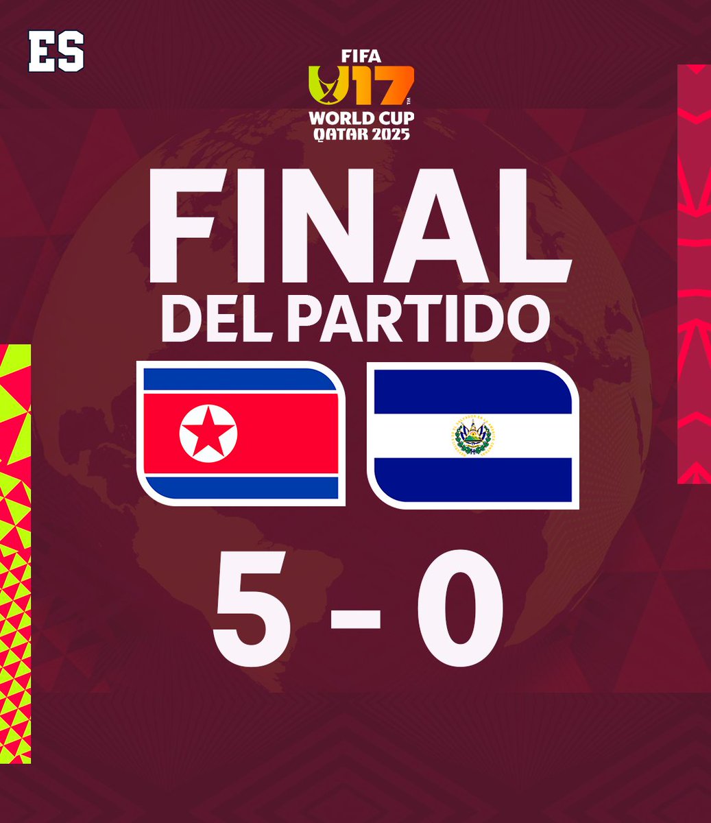 LaSelecta_SLV's tweet image. ⏹️ | ¡𝐄𝐒 todo, Finaliza el partido!

#LaSelectaSub17 cae en su debut en la Copa Mundial Sub-17 de la FIFA

🇰🇵 5-0 🇸🇻

#ElSalvador #WCU17