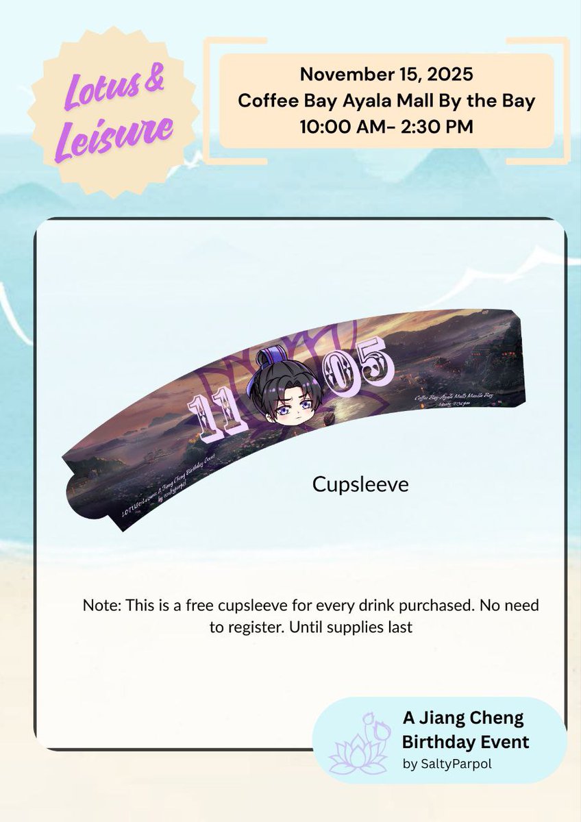 Since bday ni Sect Leader, may pa-free cupsleeve siya.

Mechanics:
Just buy any drink with at the cafe sa Nov 15 and get your free cupsleeve sa cashier.

No reg req. Until supplies last.

#happybirthdaysectleaderjiang 
#lotusandleisurejcbdayevent 
#jet2holidaynisectleader