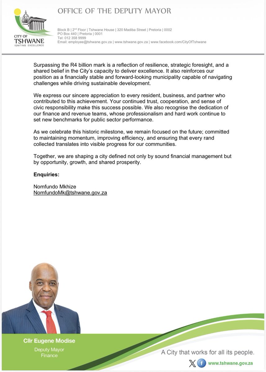 Don’t believe the DA’s lies.

While <a href="/DAGauteng/">DA Gauteng</a> pushed Tshwane to the financial Brink, the multi-party government led by <a href="/nasiphim/">Dr Nasiphi Moya</a> delivered the City’s first fully funded budget in years, and collected over R4 billion in revenue for the first time in history.

Facts. Not fiction.