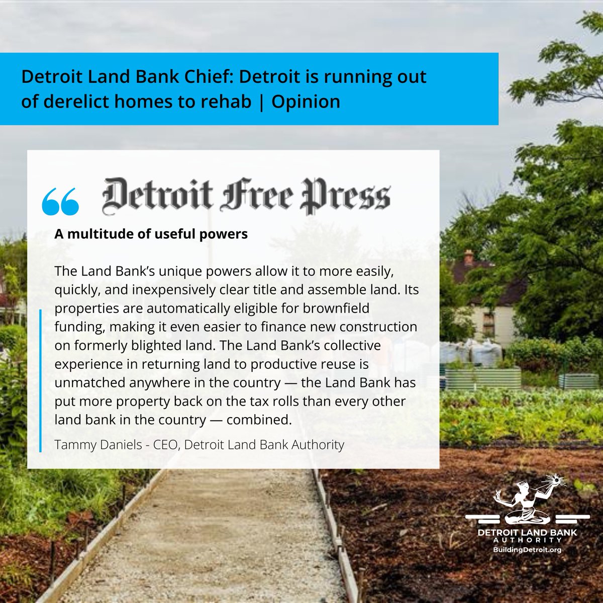 BuildingDet's tweet image. DLBA CEO Tammy Daniels shares in the Detroit Free Press how the Land Bank’s impact goes beyond rehabbing homes — we’re transforming blighted land into new opportunities for Detroiters.
Read the full Op-Ed here: msn.com/en-us/money/re…