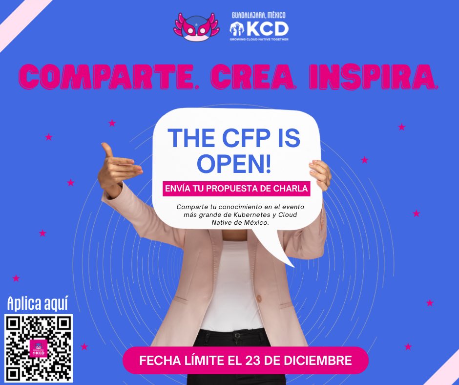 kcd_mexico's tweet photo. 🎤 ¡El CFP de KCD Guadalajara 2026 está abierto!☸️

💡 Temas sugeridos:
☁️ Kubernetes &amp; Cloud Native
💾 Data Processing &amp; Storage
📢 Open Source Contribution
🚀 Emerging Tech y más

📅 28 de febrero de 2026
📍 Guadalajara, Jalisco

📩 Envía tu propuesta
https://t.co/hrMAO28OZm https://t.co/NcsDaVy6KO