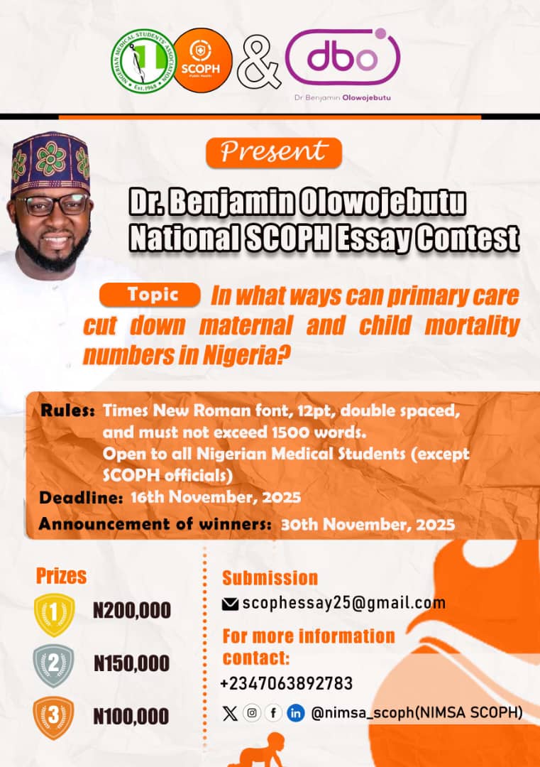 DueGabriel1's tweet photo. Dear Public Health Enthusiasts,

I am thrilled to announce the launch of our inaugural 𝗗𝗿. 𝗕𝗲𝗻𝗷𝗮𝗺𝗶𝗻 𝗢𝗹𝗼𝘄𝗼𝗷𝗲𝗯𝘂𝘁𝘂 𝗡𝗮𝘁𝗶𝗼𝗻𝗮𝗹 𝗦𝗖𝗢𝗣𝗛 𝗘𝘀𝘀𝗮𝘆 𝗖𝗼𝗻𝘁𝗲𝘀𝘁! ✍️

I encourage all eligible students to send in their entries. Wishing you good luck! 🧡✨ https://t.co/k50EjaGDy8