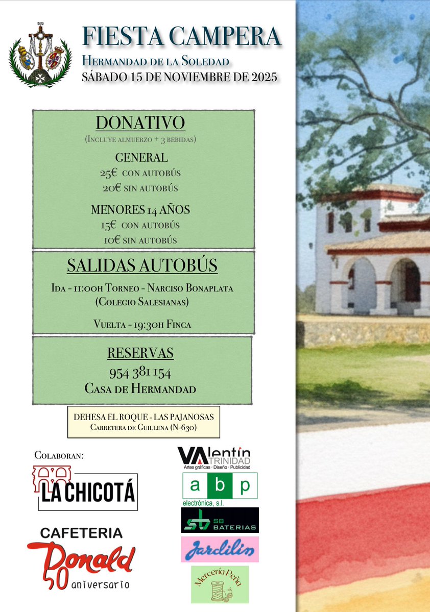 HERMANDAD | El próximo día 15 de noviembre celebraremos nuestra Fiesta Campera en la dehesa “El Roque-Las Pajanosas”.

Pueden hacer sus reservar al teléfono 954 381 154 y en la Casa de Hermandad en horario de apertura.

¡No te la pierdas!