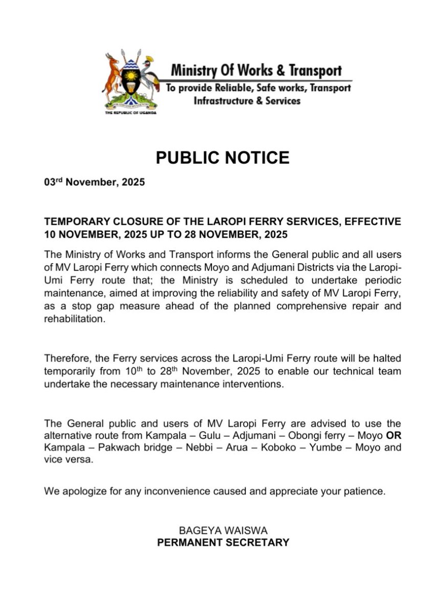 It's gross deprivation to   Moyo and Madi Sub-region to close this ferry for 2 or 3 weeks . 
The best option is an alternative ferry not a route . 
Therefore, enough is enough.
No alternative ferry and clear message on Bridge no vote NRM 
<a href="/NRMOnline/">NRM Party</a> <a href="/PNyamutoro/">Phiona Nyamutoro</a> <a href="/JoelSsenyonyi/">Joel Ssenyonyi</a>
