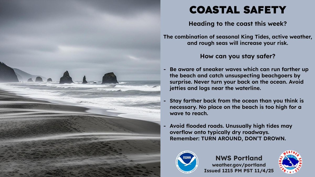 Heading to the coast this week? The combination of seasonal King Tides, active weather, and rough seas will increase your risk. Be aware of your surroundings and take a few simple steps to keep yourself safer. #orwx #wawx