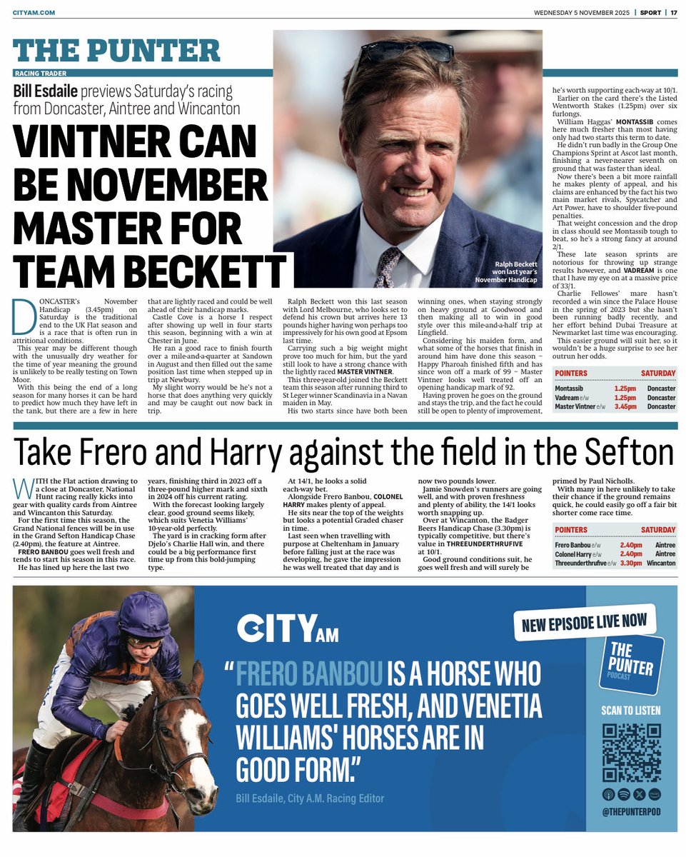 Tomorrow's @cityam looking ahead to Saturday's action ⁦<a href="/DoncasterRaces/">Doncaster Racecourse</a>⁩ ⁦<a href="/wincantonraces/">Wincanton Racecourse</a>⁩ ⁦<a href="/AintreeRaces/">Aintree Racecourse</a>⁩
