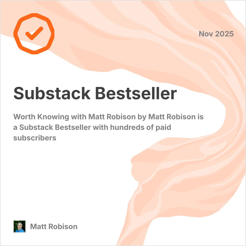MattLRobison's tweet image. Worth Knowing with Matt Robison is officially a Substack Bestseller!
Subscribe here: worthknowing.substack.com/?bestsellerCar…
