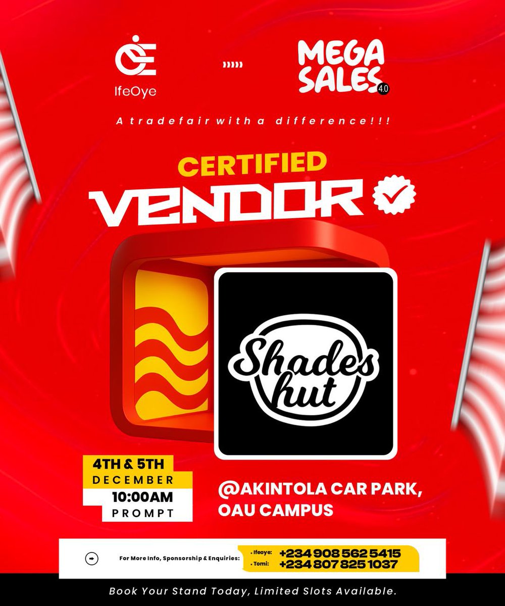 Rofiiat_xx's tweet image. 4th &amp;amp; 5th December, 2025; SHADESHUT will be exhibiting live at the mega sales 4.0 Tradefair happening at Akintola car park on OAU campus. 
You’d get to shop good quality jewelry and glasses at discounted rates. All purchase comes with thoughtful freebies 🤏🙂‍↔️

Pls RT/Quote🤲