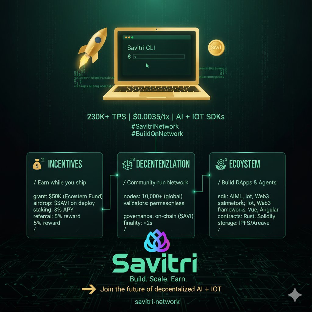 Emmanue93901968's tweet image. Savitri network is Where Builders Win 230K+ TPS | $0.0035/tx | AI + IoT SDKs
Build scalable, secure dApps  and get paid.
Let’s unpack why.
Thread 👇
#SavitriNetwork #Web3Dev