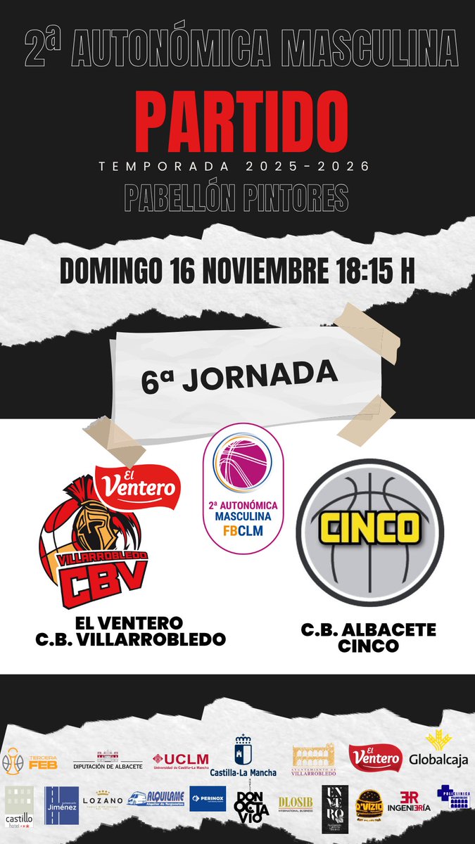 |CANTERA CBV|
𝟐ª 𝐀𝐮𝐭𝐨𝐧𝐨́𝐦𝐢𝐜𝐚 𝐌𝐚𝐬𝐜𝐮𝐥𝐢𝐧𝐚
6ª JORNADA
16/11/25 18:15 h
🔴El Ventero C.B. Villarrobledo
⚫️C.B. Cinco
<a href="/VdoDiario/">Miguel Parreño López1</a>