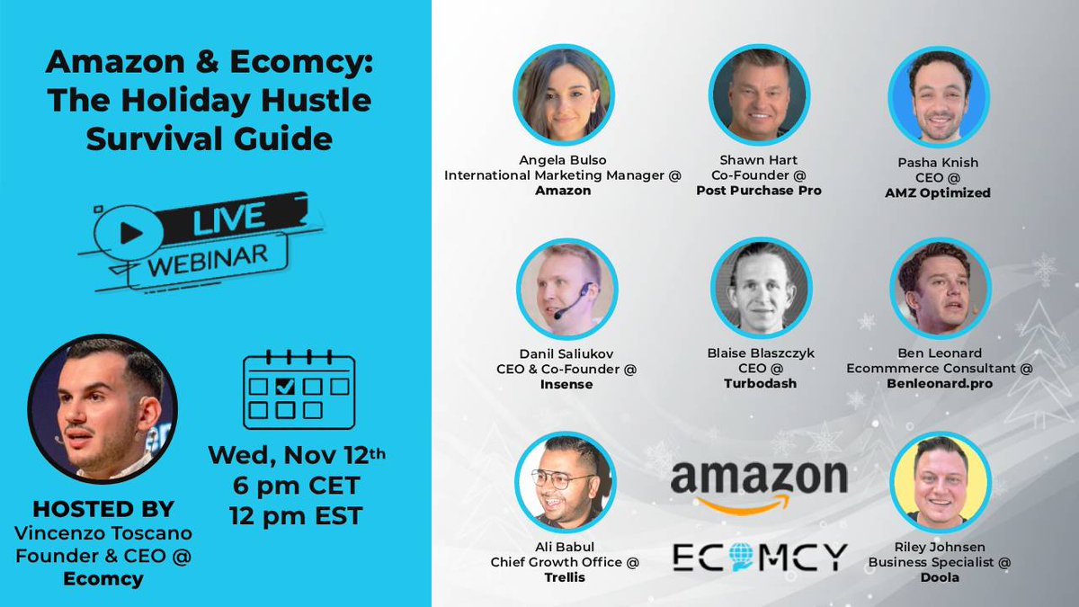I’m teaming up with Amazon &amp; Ecomcy for our joint webinar next Wednesday

→ The Holiday Hustle Survival Guide 🎄

We’ll be diving into everything you need to crush Q4 and finish the year strong.

🎙️ Host: <a href="/vinctosc/">vincenzo toscano</a> - Founder &amp; CEO <a href="/ecomcy_business/">Ecomcy</a>
Thanks for having me, Vincenzo!
