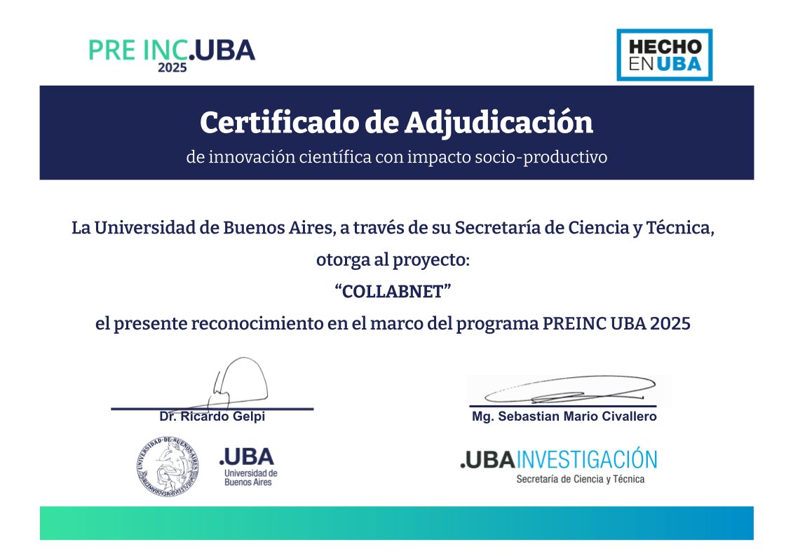 Netlab_IIEP's tweet image. 🏆Nuestro proyecto #Collabnet recibió el Certificado de Adjudicación de Innovación Científica con Impacto Socio-Productivo en la PREINC UBA 2025!!!
Felicitaciones al equipo CSNetlab!!
#CienciaUBA #Startup
@CONICETDialoga @iiep_oficial @Ubaonline @UBAInvestiga