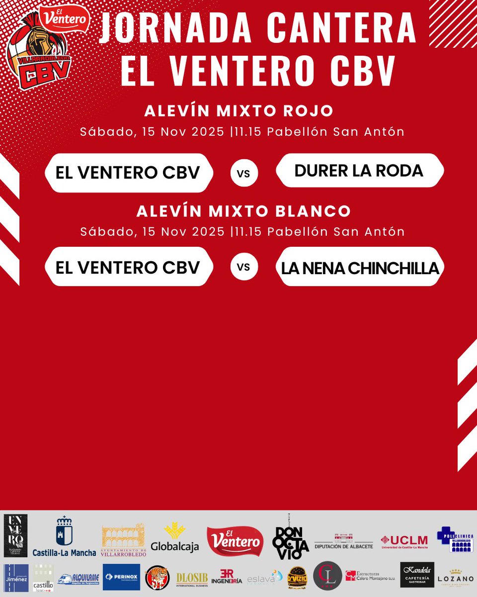 |CANTERA CBV|
Estos son los partidos del fin de semana, jugamos todos los encuentros como locales en la mañana del sábado.
Pasaste por el Pabellón San Antón y el Pabellón Socuéllamos y disfruta con el baloncesto de base.
<a href="/VdoDiario/">Miguel Parreño López1</a>
<a href="/SomosGlobalcaja/">Globalcaja</a>