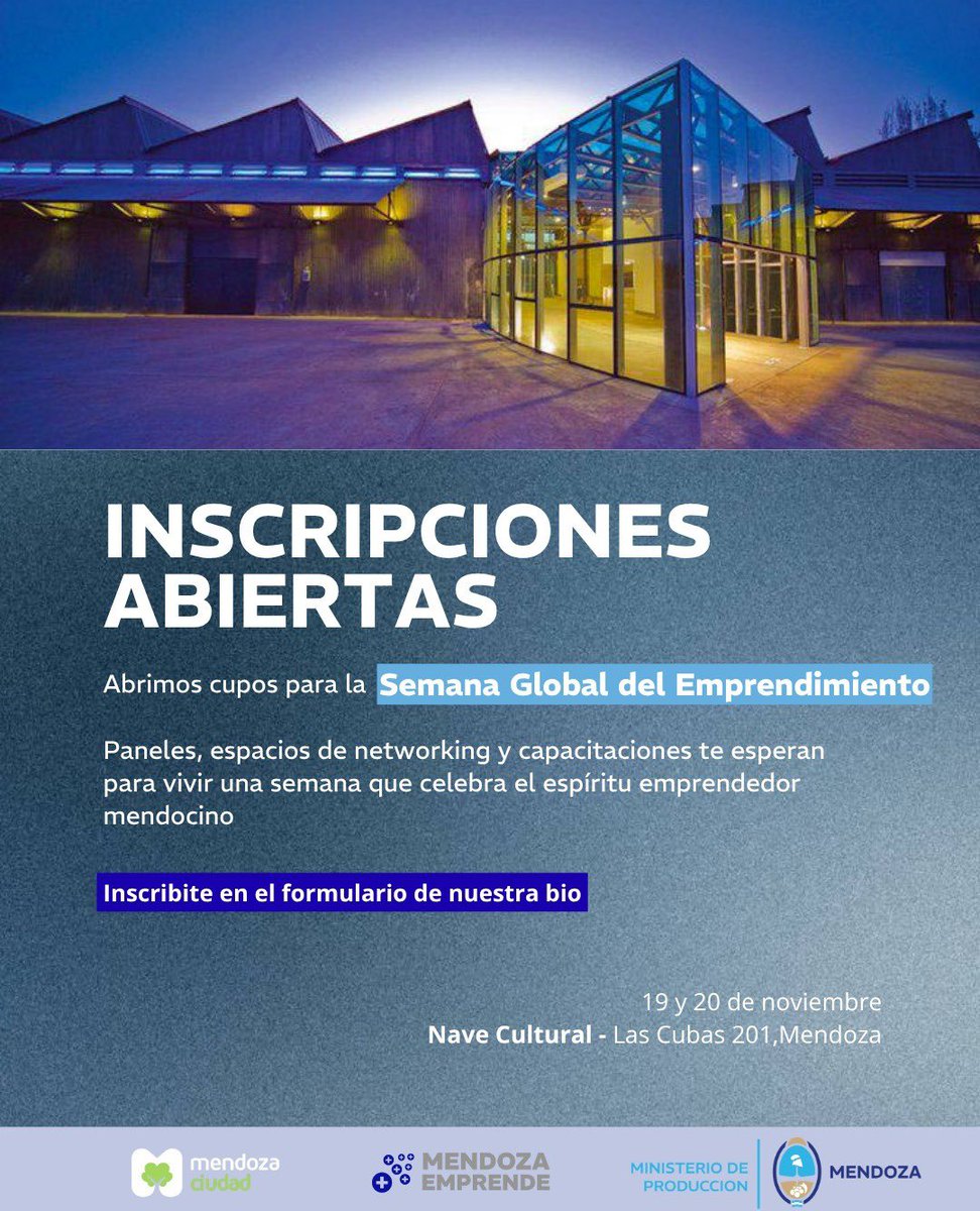 🚀 ¡Llega la Semana Global del Emprendimiento a Mendoza!

Desde la Dirección de Emprendedores y Cooperativas del Ministerio de Producción, te invitamos a ser parte de una experiencia que impulsa ideas, conecta talentos y potencia proyectos en toda la provincia.